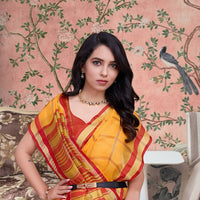  Front angle of yellow checkered saree glowing under palace light