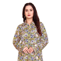 Studio front view of green rayon co-ord with mandarin collar – white background