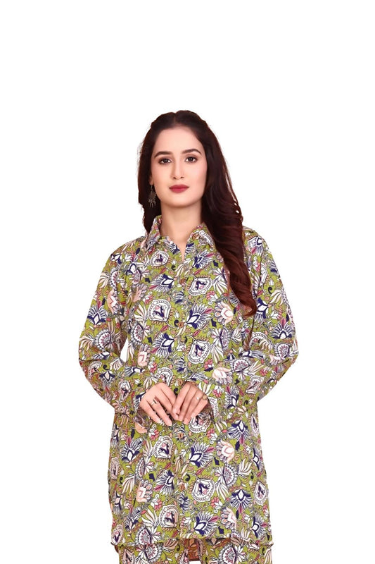 Studio front view of green rayon co-ord with mandarin collar – white background