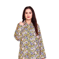 Studio front view of green rayon co-ord with mandarin collar – white background