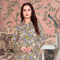 Front view of green printed rayon co-ord set with detailed collar – lifestyle background