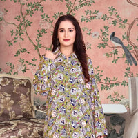 Front view of green printed rayon co-ord set with detailed collar – lifestyle background