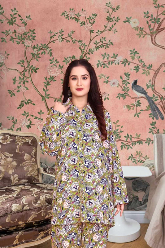 Front view of green printed rayon co-ord set with detailed collar – lifestyle background