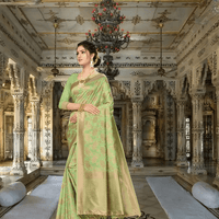 Model in pista green Banarasi cotton saree with gold borders standing in palace room