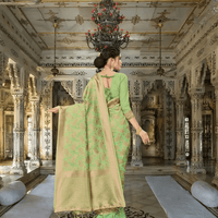 Pallu view of hand-spun cotton Banarasi saree with golden border in regal indoor setting