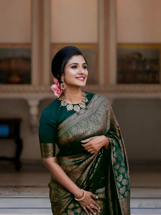 Model draped in Haritala Veil, standing front view in palace setting