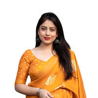 Studio front view of yellow saree with clear pleat and pallu structure