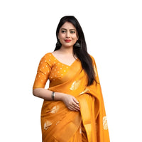 Studio front view of yellow saree with clear pleat and pallu structure
