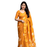 Studio front view of yellow saree with clear pleat and pallu structure