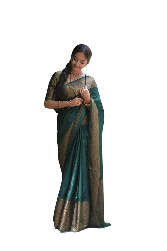 Studio front pose of green Lichi silk saree with neat draping – white background