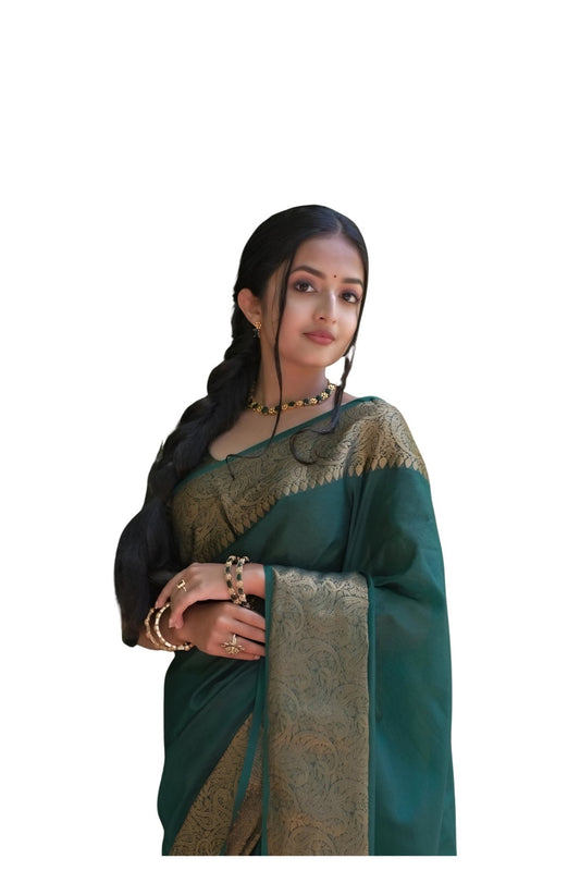 Studio front pose of green Lichi silk saree with neat draping – white background