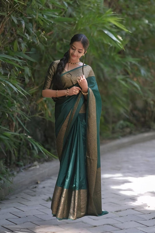 Front view of 💚 Hiranyasnehi green Lichi silk saree draped gracefully – lifestyle background