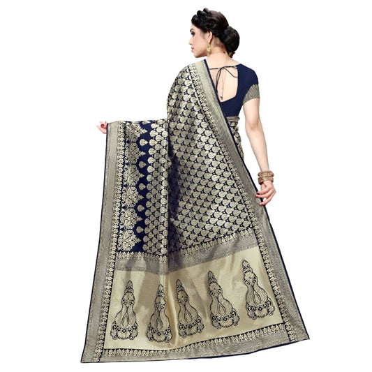 Studio-lit side view showcasing elegant pleats and gold-detailed patterns on navy silk