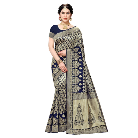 Studio-lit side view showcasing elegant pleats and gold-detailed patterns on navy silk