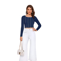 Front of hosiery crop top in bold indigo, clean silhouette