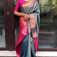 front view of multicolor printed Litchi silk saree