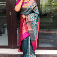 front view of multicolor printed Litchi silk saree
