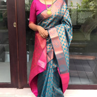 Studio front view of multicolor printed Litchi silk saree