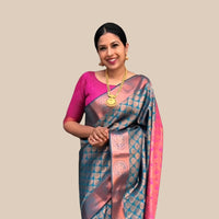 Studio front view of multicolor printed Litchi silk saree