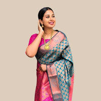 Studio front view of multicolor printed Litchi silk saree