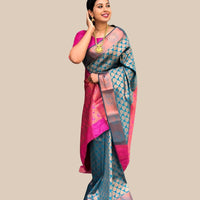 Studio front view of multicolor printed Litchi silk saree