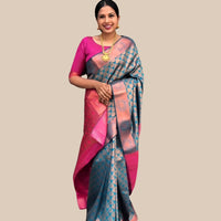 Studio front view of multicolor printed Litchi silk saree