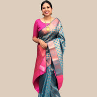 Studio front view of multicolor printed Litchi silk saree