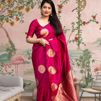  Front view of pink silk printed saree in royal setting