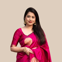  Front view of pink silk printed saree in royal setting