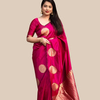 Studio front shot of pink silk printed saree