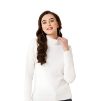 Studio front view of white high-neck women’s t-shirt