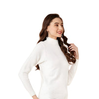 Left angle studio image of white polyester high-neck top