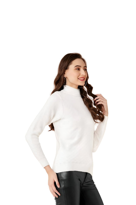 Left angle studio image of white polyester high-neck top