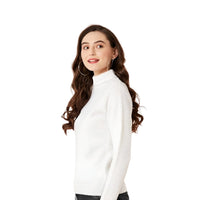  Right side studio pose of white high-neck full sleeve top