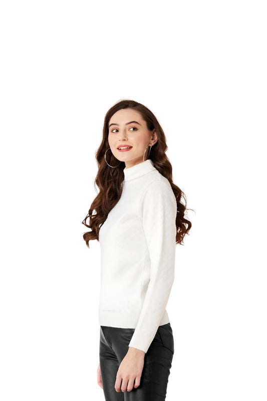  Right side studio pose of white high-neck full sleeve top