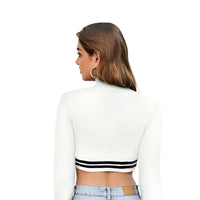 Back view—white stretch crop top, seam details visible
