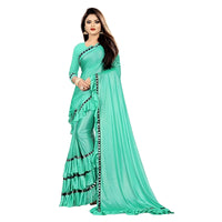 Professional woman wearing plain ivory Lycra saree in work setting