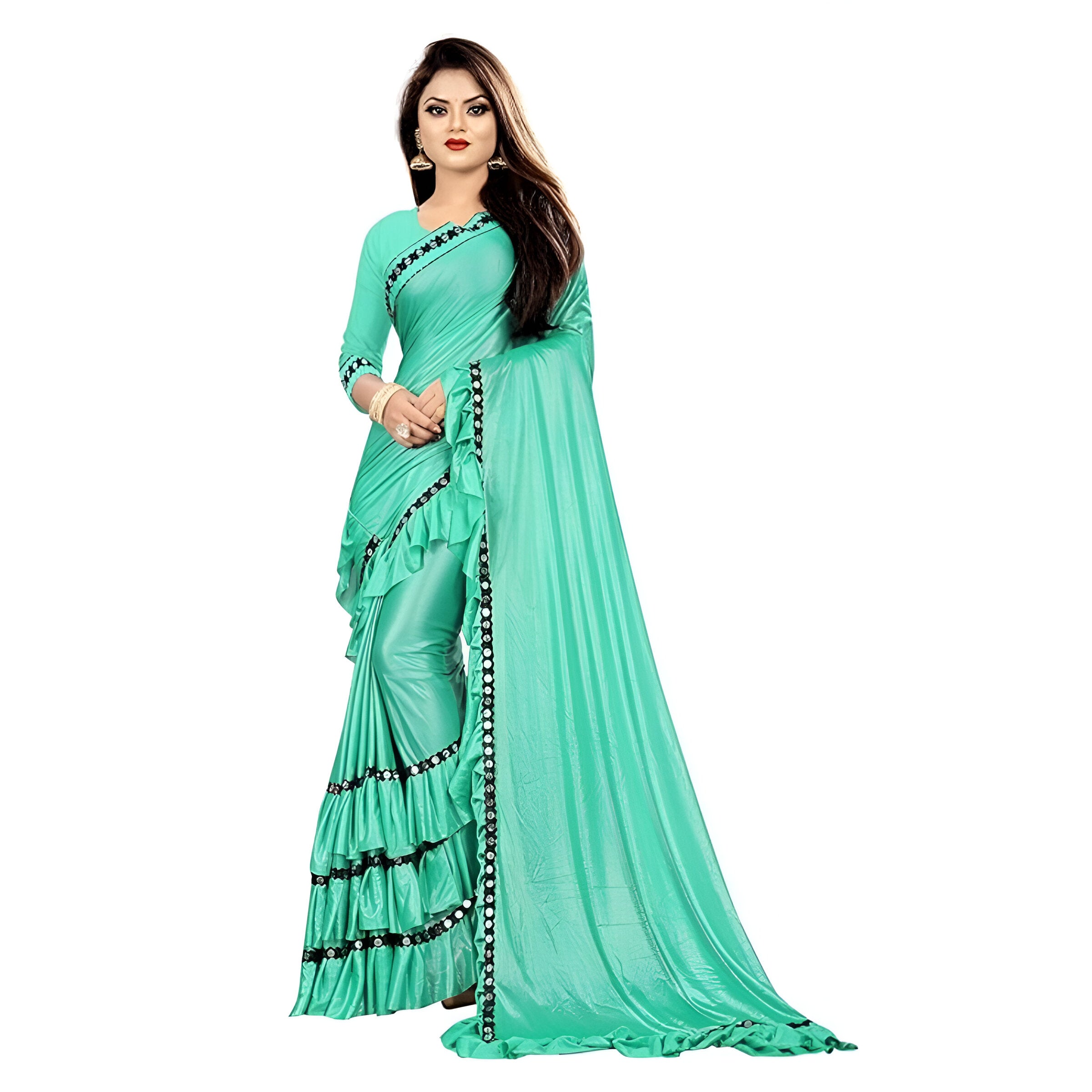 Professional woman wearing plain ivory Lycra saree in work setting