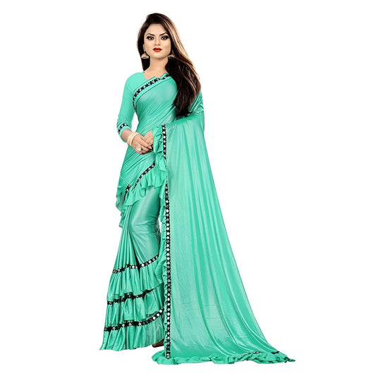 Professional woman wearing plain ivory Lycra saree in work setting