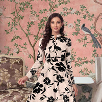 Front view of cream full sleeve V-neck floral dress