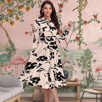 Front view of cream full sleeve V-neck floral dress
