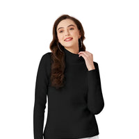  Studio image front view of black high-neck polyester t-shirt