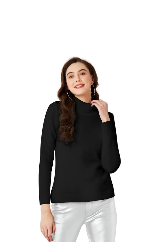  Studio image front view of black high-neck polyester t-shirt