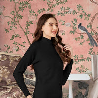  Left angle view of black polyester high-neck t-shirt