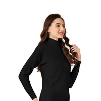 Side angle studio view of black high-neck solid t-shirt