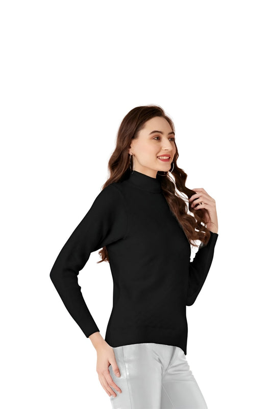 Side angle studio view of black high-neck solid t-shirt