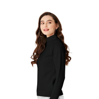 Studio image showing right side of slim black high-neck tee