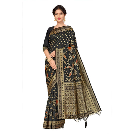 Close-up focus on golden zari border against rich black Banarasi silk