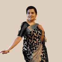Studio front view of printed black Litchi silk saree