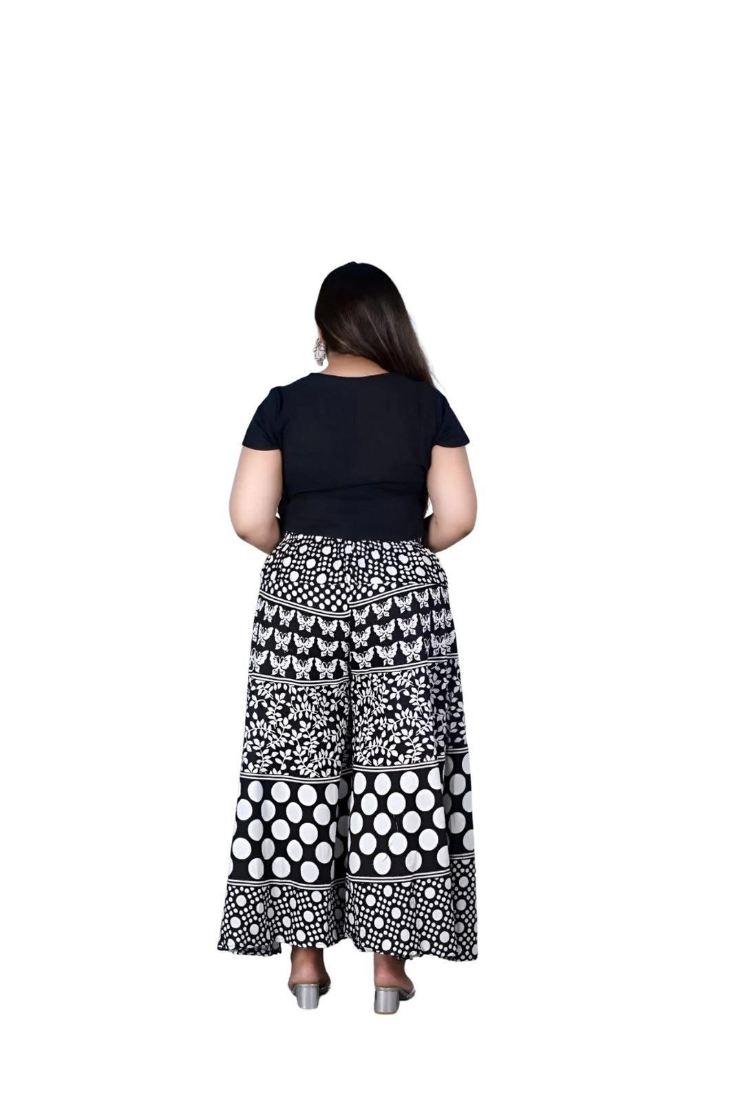 Back waistband and flowing cut clearly displayed